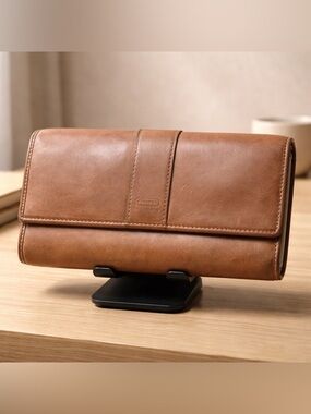 Vintage Coach Tan Genuine Leather Trifold Checkbook Wallet Some Flaws Do to Age